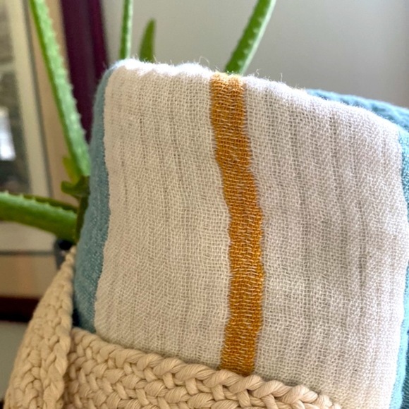 Anthropologie Boho Teal Mustard Ecru Soft Organic Throw Blanket Macrame Carrier - Picture 10 of 12